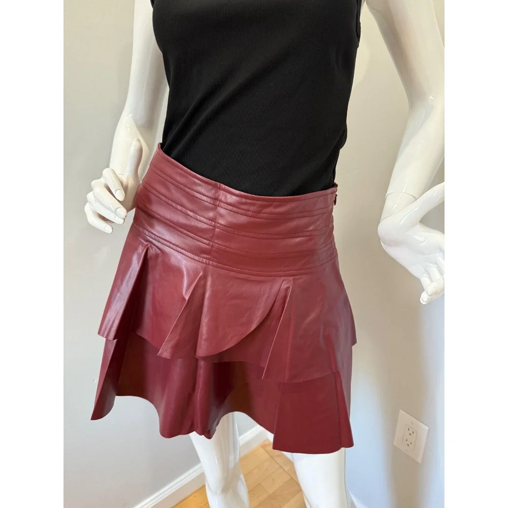 Commense Burgundy Faux Leather Skirt Ruffle Mini High Waist‎ Party Cocktail S